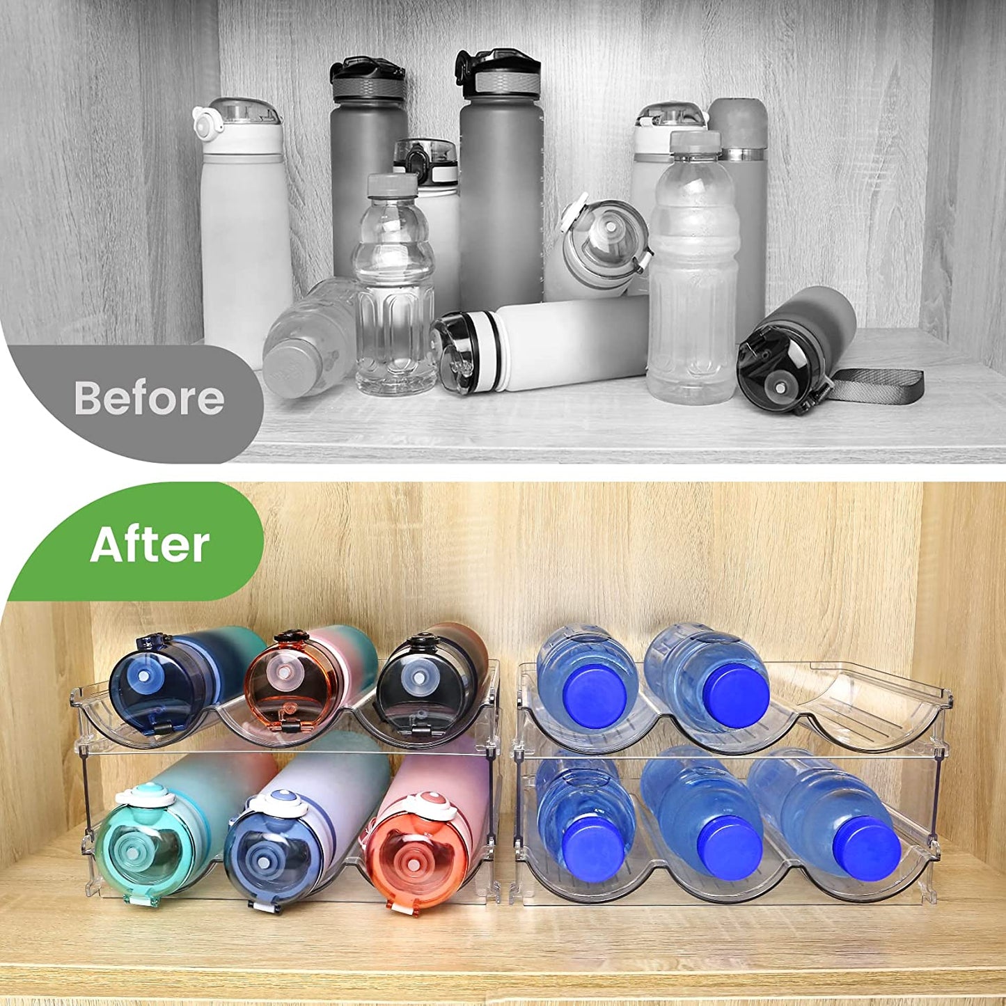 Water Bottle Storage Organizer Set - Stackable Cabinet Racks for Efficient Water Bottle Management (2 Packs)