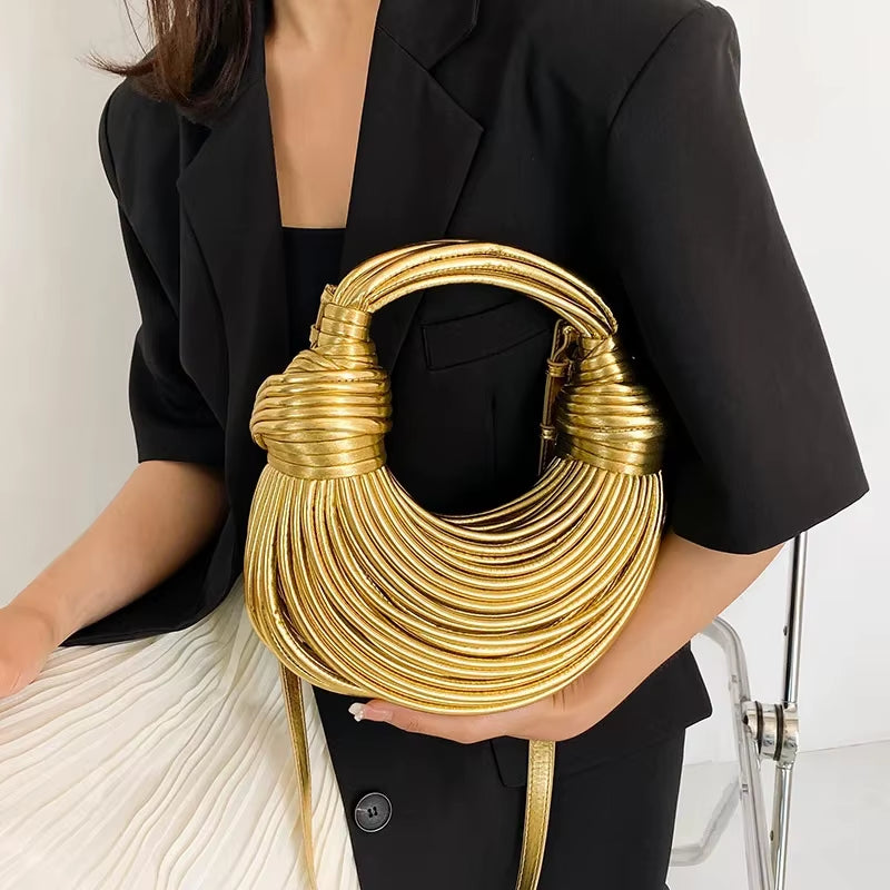 2026 New Gold Handbags for Women Luxury Designer Brand Handwoven Noodle Bags Rope Knotted Evening Clutch Underarm Dumpling Bag