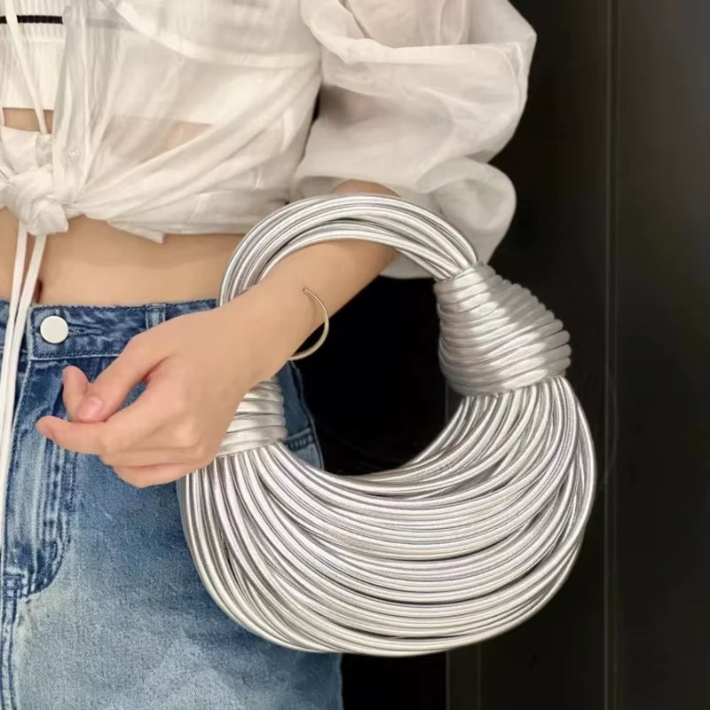 2026 New Gold Handbags for Women Luxury Designer Brand Handwoven Noodle Bags Rope Knotted Evening Clutch Underarm Dumpling Bag