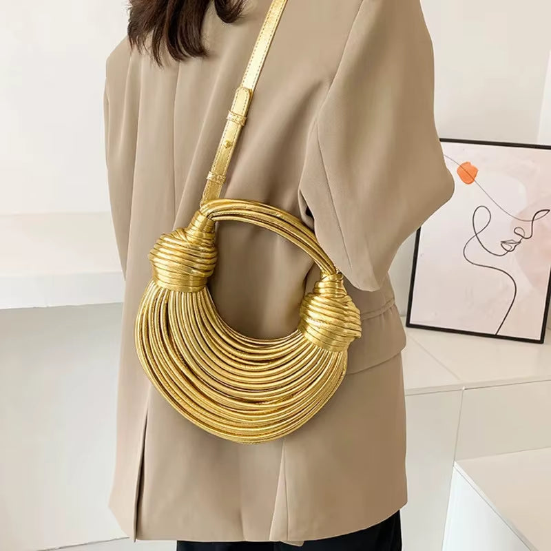 2026 New Gold Handbags for Women Luxury Designer Brand Handwoven Noodle Bags Rope Knotted Evening Clutch Underarm Dumpling Bag